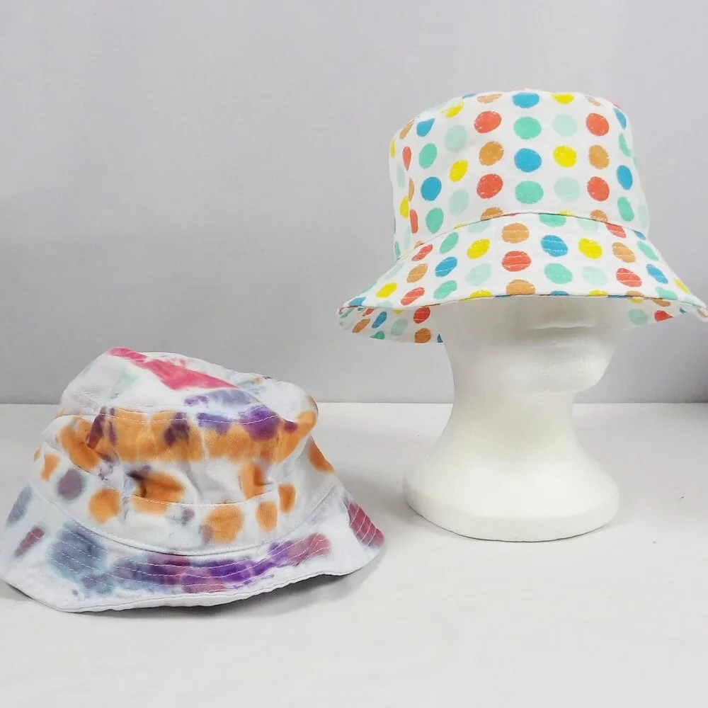Bundle of 2 Kids Big Girls Bucket Hats Polka Dot & Tie Dye Colorful